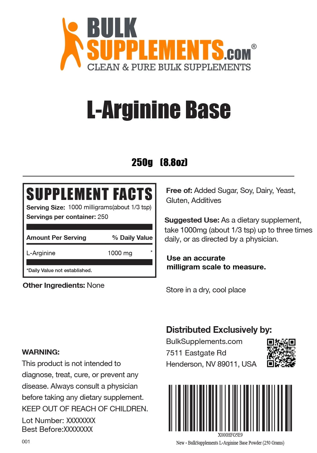 Bulksupplements L-Arginine Powder - 1G per Serving - 100 Grams (3.5 Oz) - 100 Servings