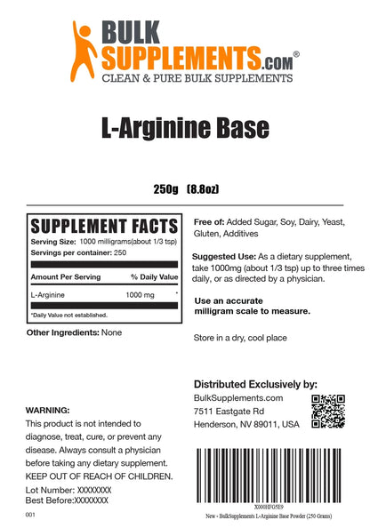 Bulksupplements L-Arginine Powder - 1G per Serving - 100 Grams (3.5 Oz) - 100 Servings