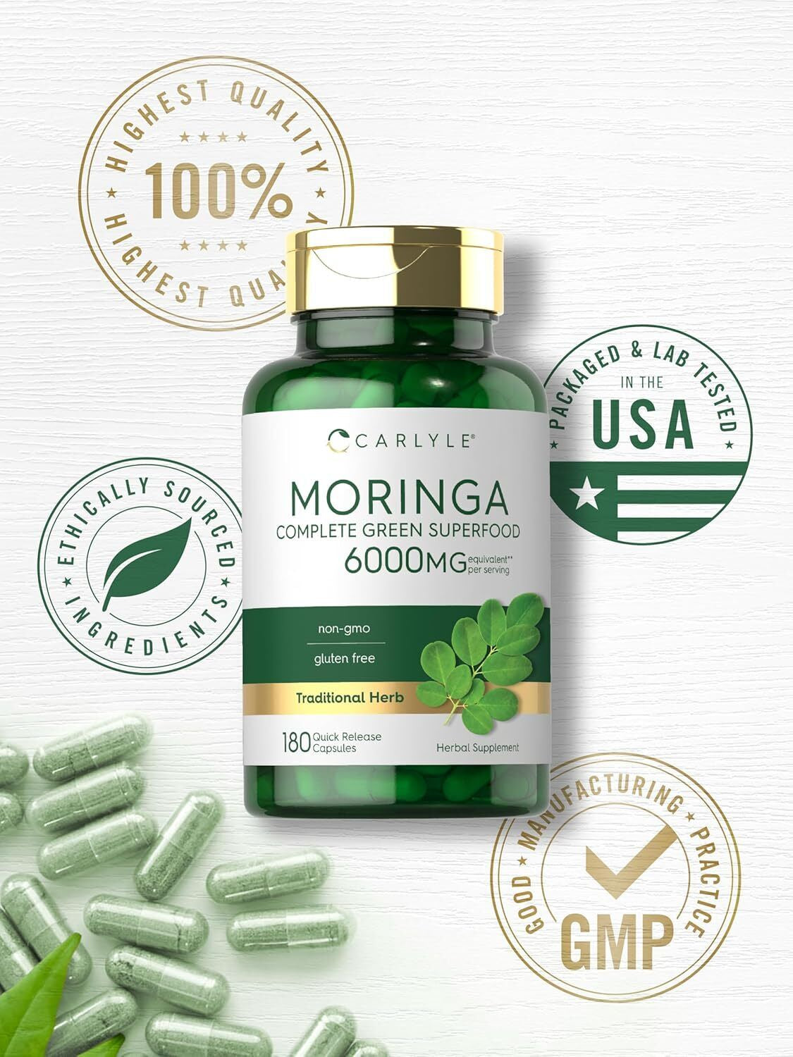 Moringa Oleifera Capsules 6000 Mg | 180 Count | Green Superfood | by Carlyle